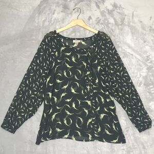 LOFT Top Womens Large Gray Yellow Blouse Long Sleeve Neck Tie Semi Sheer Career